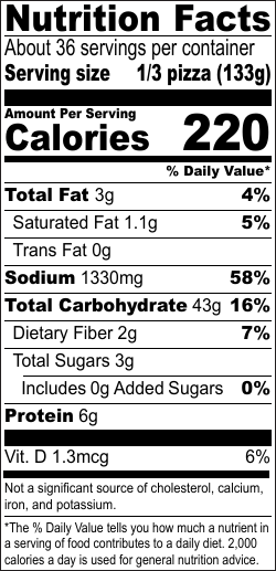 Marinara Pizza nutrition facts label