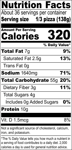 Truffle Pizza nutrition facts label