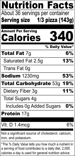 Margherita Pizza nutrition facts label